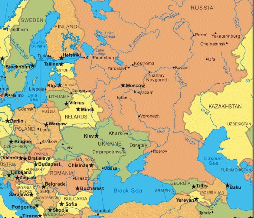 Восточная Европа и Россия на карте